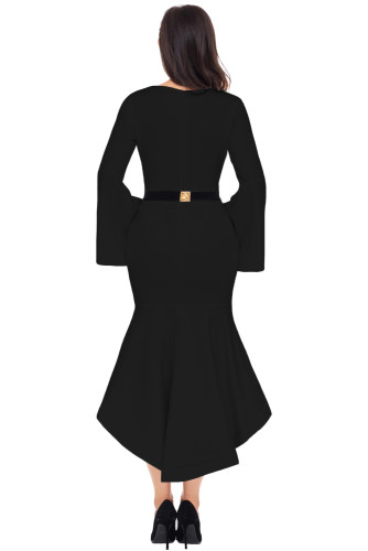 Black Bell Sleeve Dip Hem Belted Dress