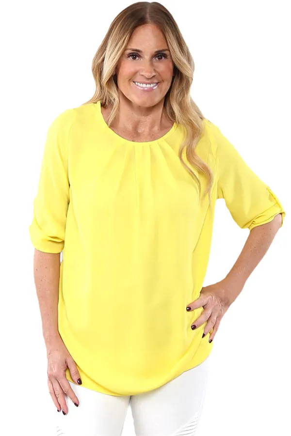 Yellow Ruched Detail Pin up Sleeve Front Blouse