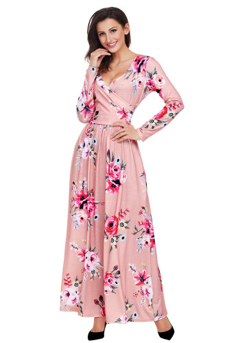 Mauve Floral Surplice Long Sleeve Maxi Boho Dress