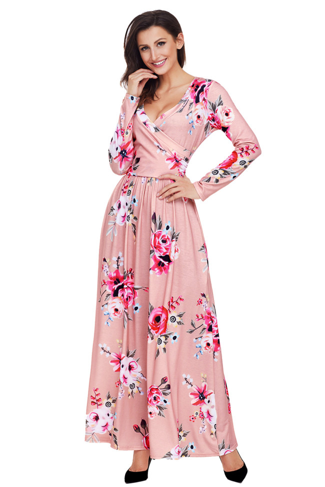 Mauve Floral Surplice Long Sleeve Maxi Boho Dress