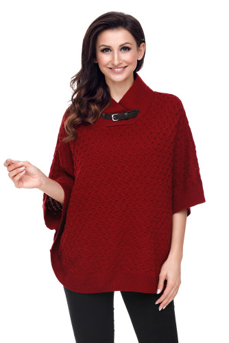 Burgundy High Neck Waffle Knit Poncho