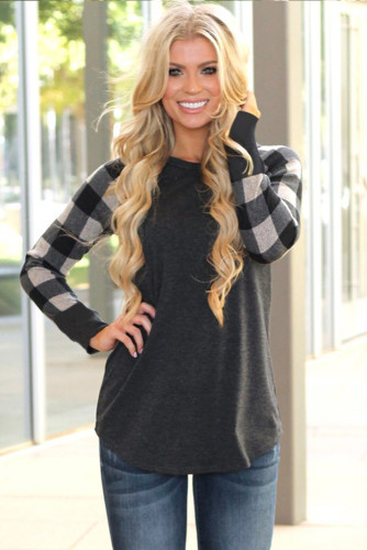 Monochrome Plaid Sleeve Charcoal Top