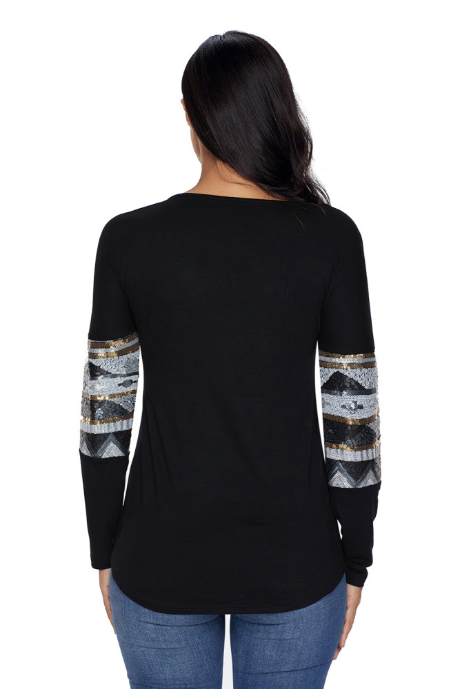 Black Loose Sequin Christmas Reindeer Top