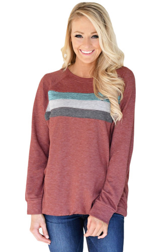 Red Contrast Stripes Pullover Sweatshirt