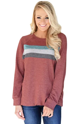 Red Contrast Stripes Pullover Sweatshirt