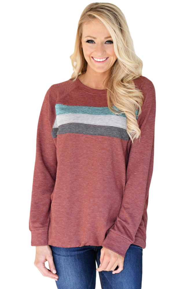 Red Contrast Stripes Pullover Sweatshirt