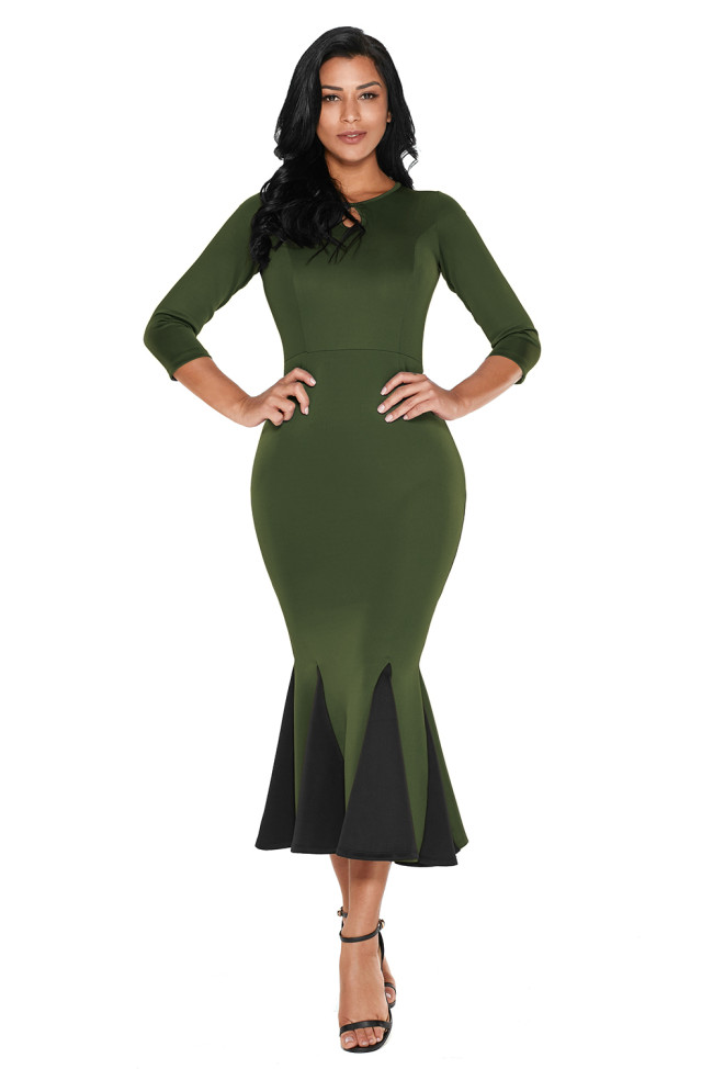 Olive Keyhole Front Flounce Hem Vintage Dress