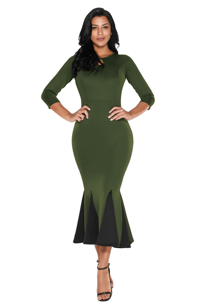 Olive Keyhole Front Flounce Hem Vintage Dress