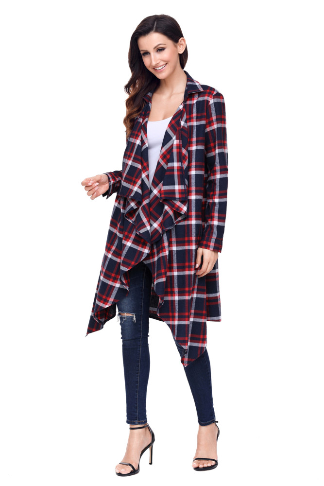 Red Hipster Plaid Draped Open Front Cardigan