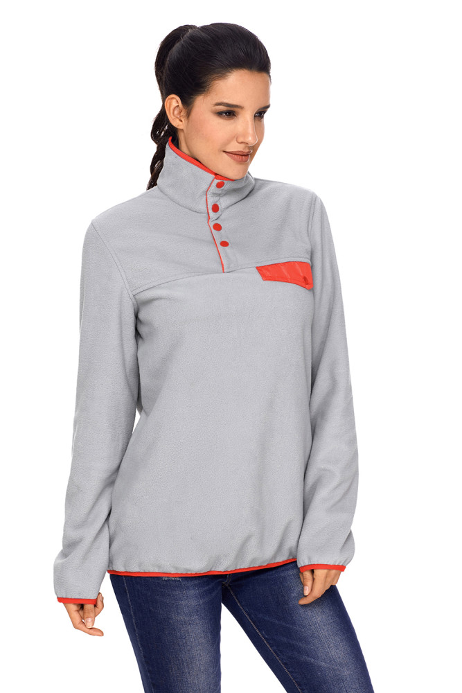 Orange Stand Collar Buttons Fleece Pullover Top