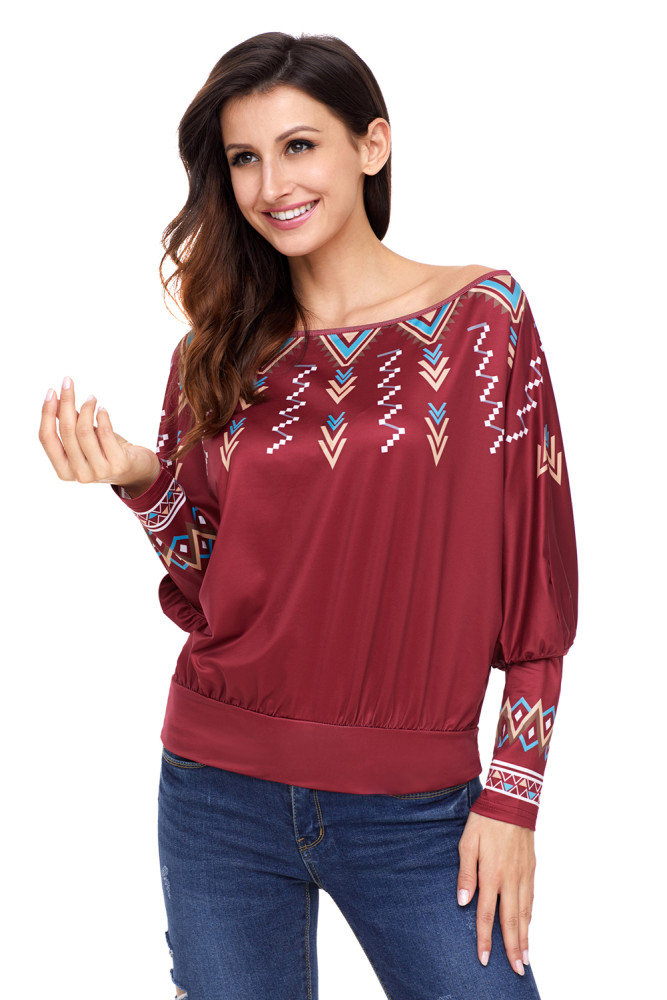 Red Printed Batwing Sleeve Skew Neck Blouse