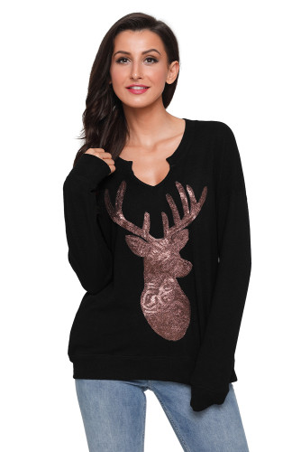 Black Womens Sequin Christmas Reindeer Top