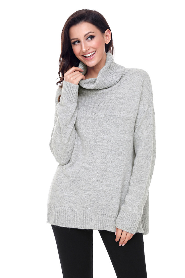 Gray Causal Knit High Neck Loose Sweater