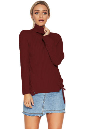 Purplish Red Long Sleeve Turtleneck Braided Sweater