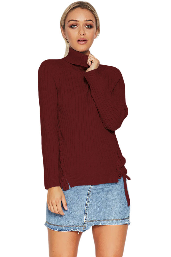 Purplish Red Long Sleeve Turtleneck Braided Sweater