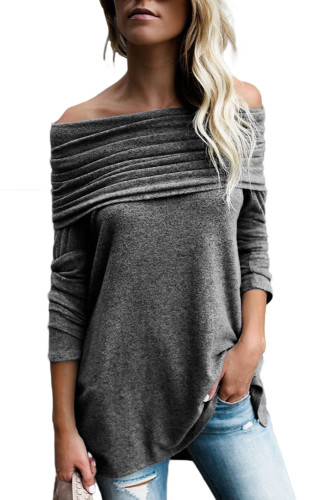 Grey Ruched Off Shoulder Long Sleeve Top