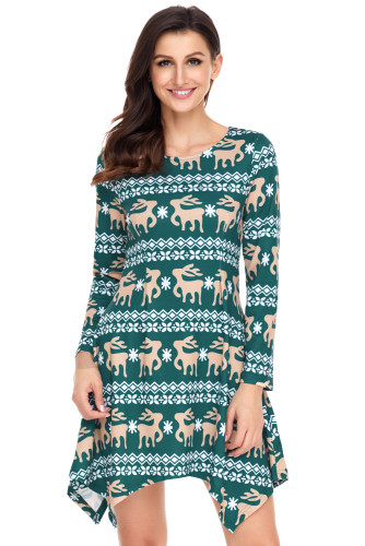 Cute Christmas Reindeer Print Green Swingy Mini Dress