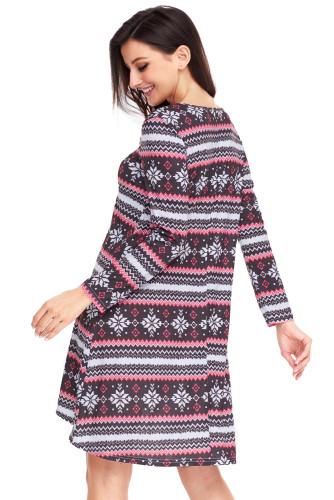 Geometric Snowflake Black Red Long Sleeve Christmas Dress