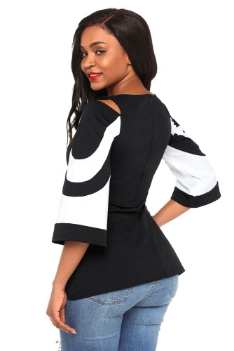 Black White Colorblock Bell Sleeve Cold Shoulder Top