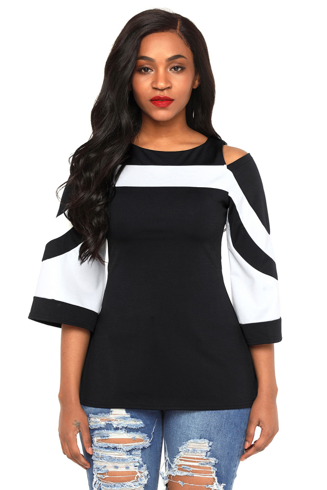 Black White Colorblock Bell Sleeve Cold Shoulder Top