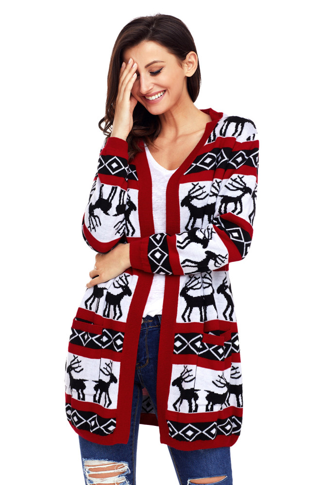 Red White Reindeer Geometric Christmas Cardigan