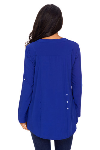 Blue Lace Panel Split Neck Roll Tab Sleeve Blouse