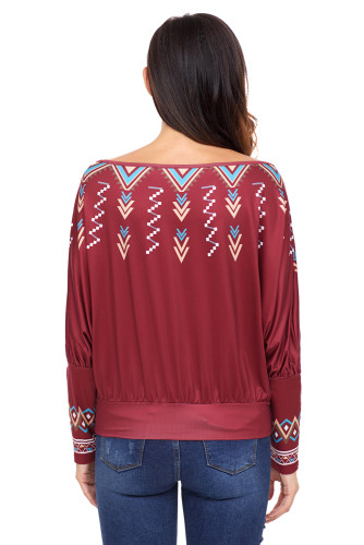 Red Printed Batwing Sleeve Skew Neck Blouse