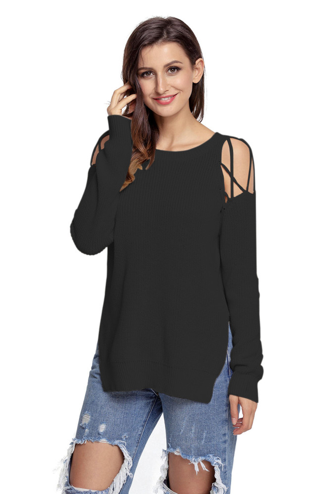 Black Lace up Shoulder Sweater