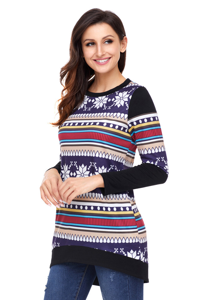Multi Stripes Snowflake Print Long Sleeve Christmas Top