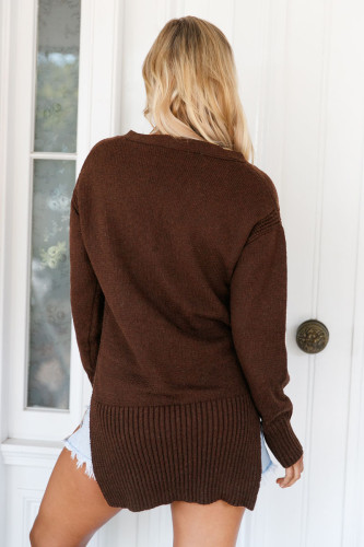 Brown Deep V Neck Crisscross Knit Sweater