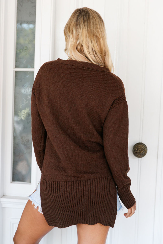 Brown Deep V Neck Crisscross Knit Sweater