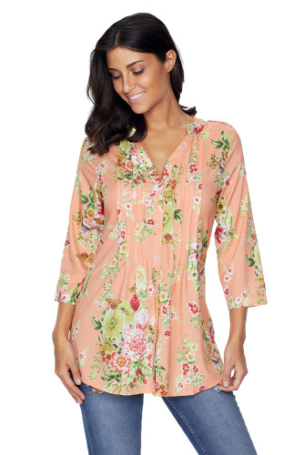 Mustard V Neck Pleat Button Front Floral Tunic Top