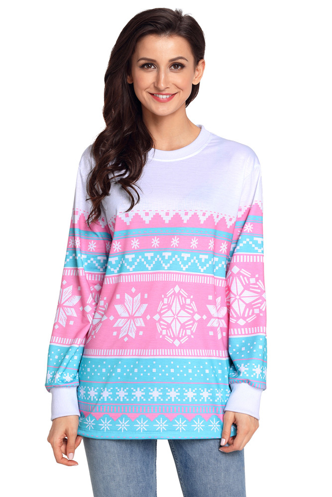 Pink Snowflake Print Stylish Christmas Jumper