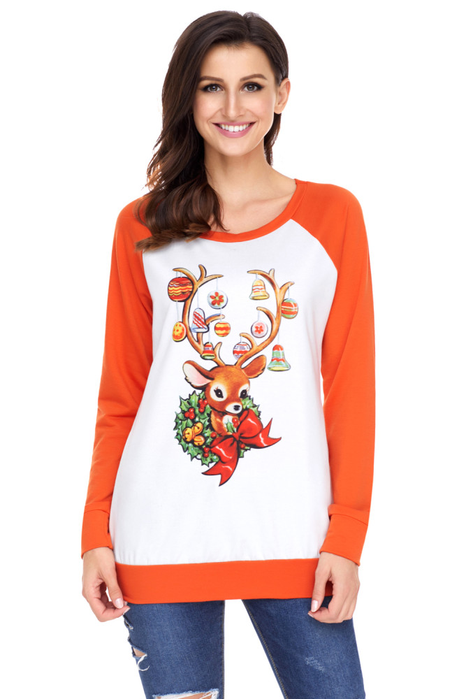 Christmas Reindeer Orange Long Sleeve Shirt