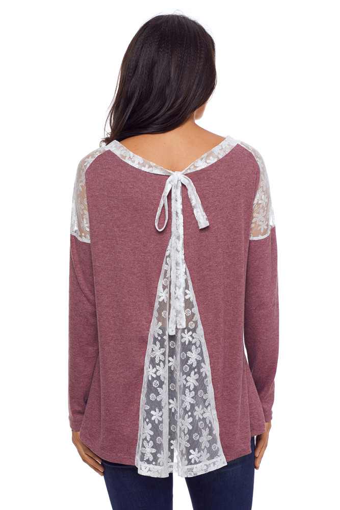 Split Effect Back Lace Insert Mauve Long Sleeve Top
