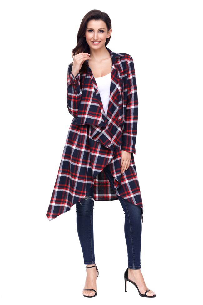 Red Hipster Plaid Draped Open Front Cardigan