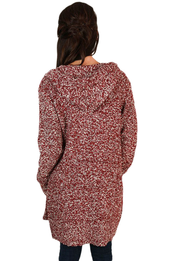 Heathered Red Long Sleeve Hooded Long Cardigan