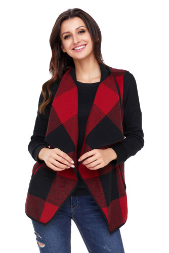 Red Black Plaid Open Front Vest