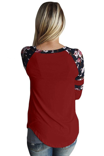 Burgundy Floral Varsity Stripe Long Sleeve Top