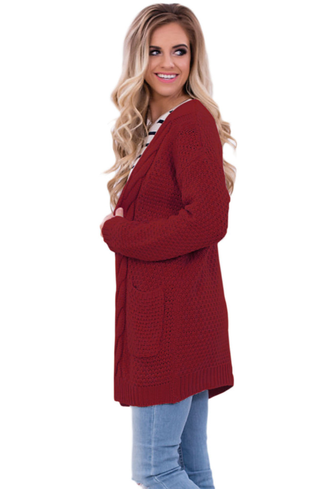 Red Long Open Front Pocket Cardigan