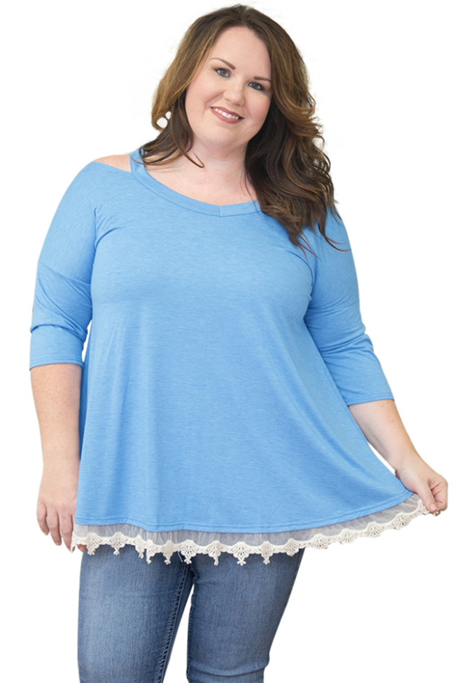 Light Blue Cold Shoulder Lacy Hem Plus Size Blouse