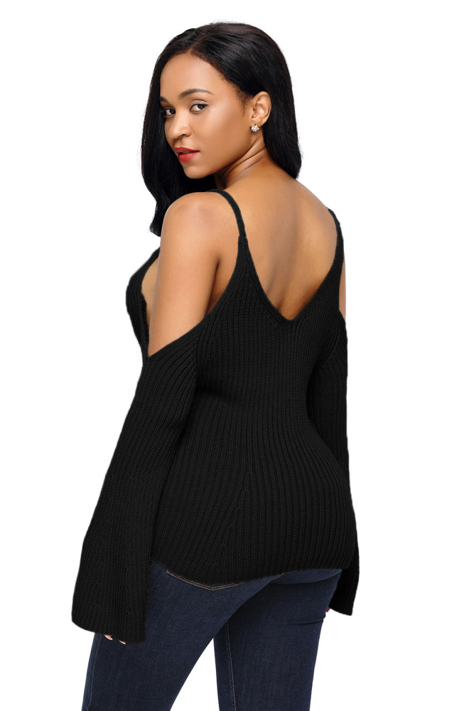 Black Cold Shoulder Bell Sleeve Sweater