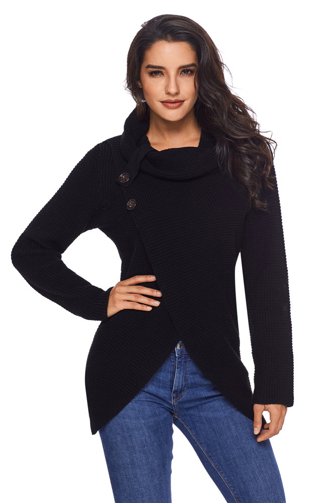 Black Buttoned Wrap Cowl Neck Sweater