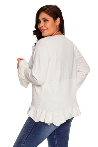 White Ruffle Hem V Neck Plus Size Cardigan