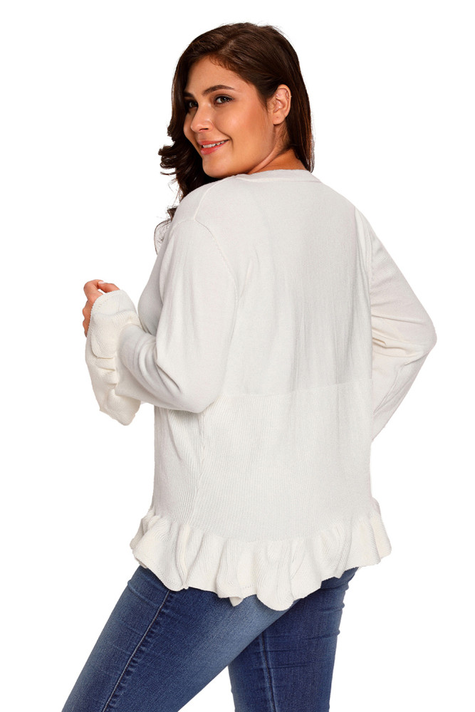 White Ruffle Hem V Neck Plus Size Cardigan