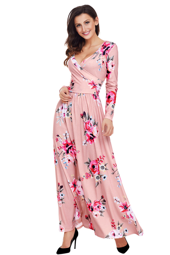 Mauve Floral Surplice Long Sleeve Maxi Boho Dress