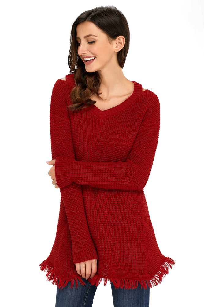 Red V Neck Waffle Knit Sweater