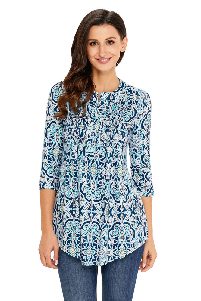 Blue Floral Notch Neck Pin-tuck Tunic