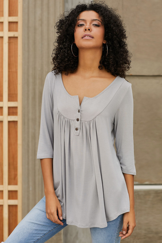 Grey 3/4 Sleeve Button Detail Pleated Tunic