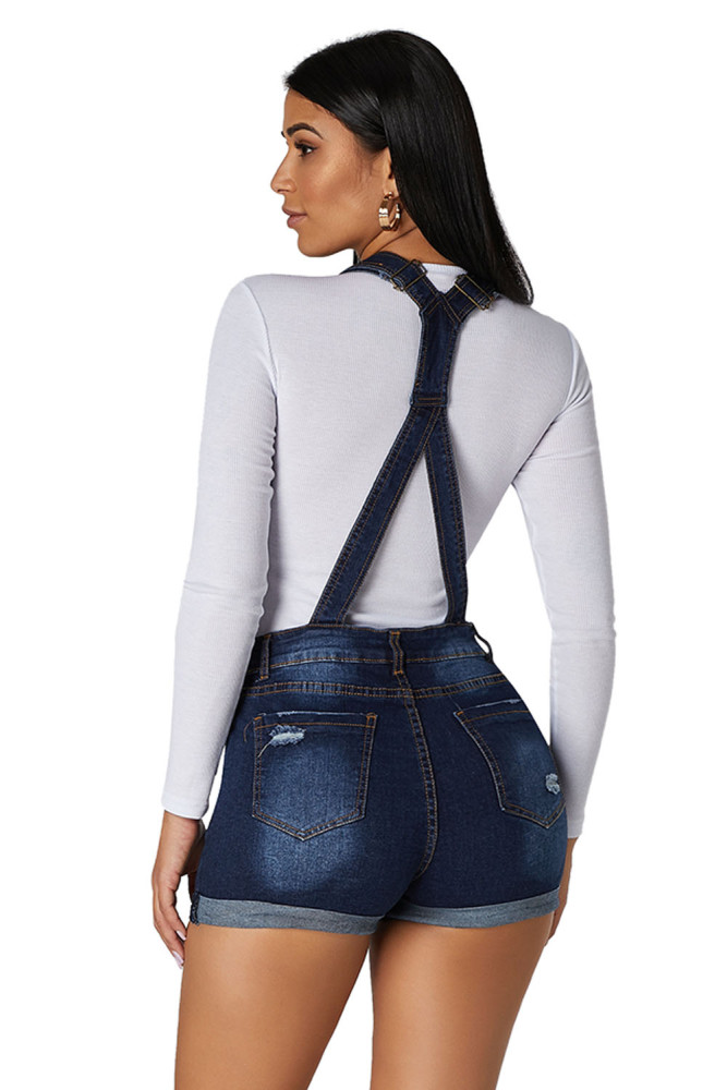 Dark Blue Roll-up Cuffs Button Down Denim Short Overall